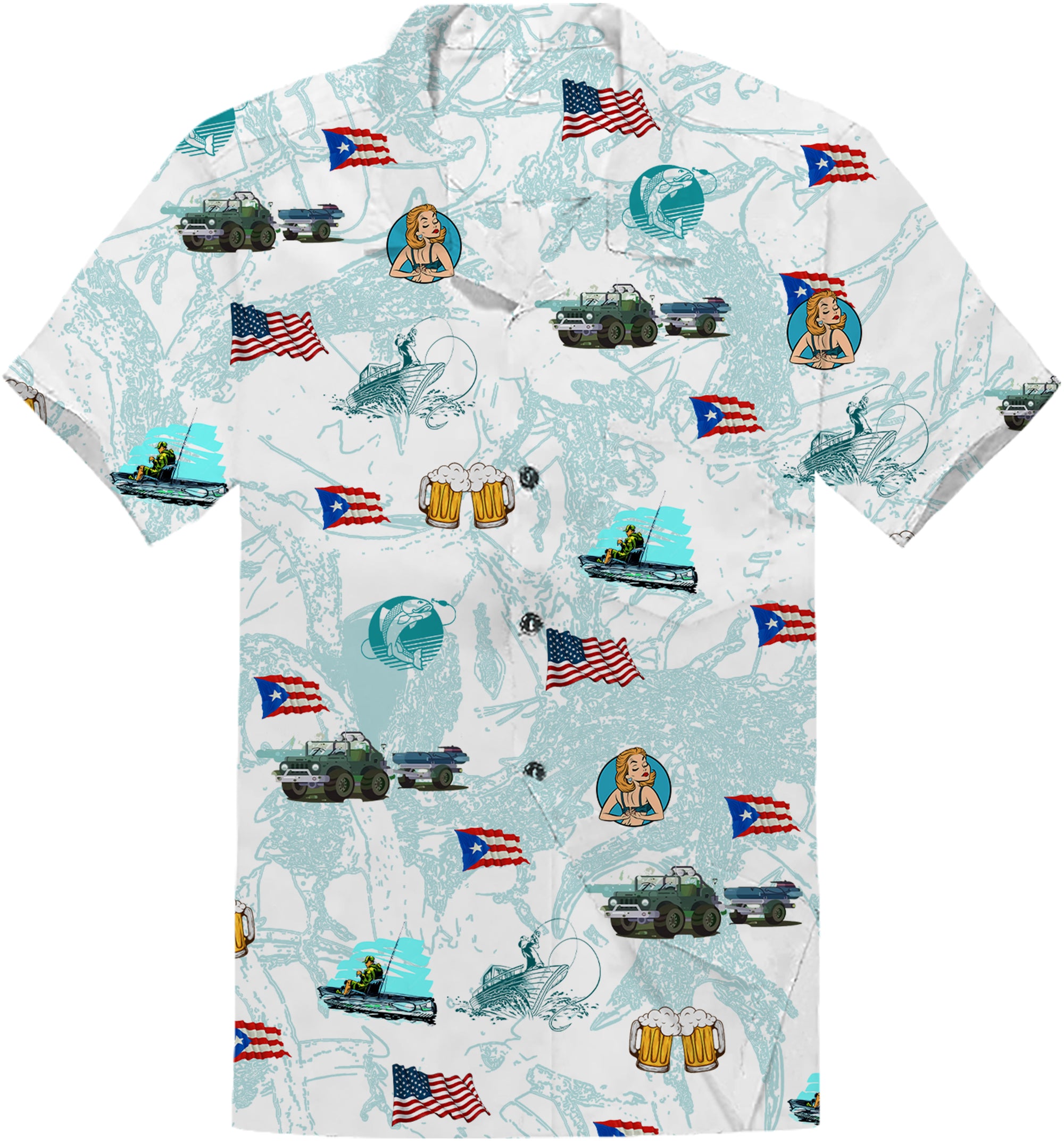 Men's Hawaiian fishing shirt with off-road design. The shirt features a tropical print with fishing boats, palm trees, and waves.