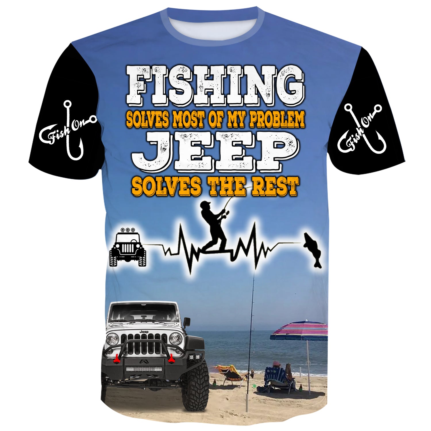 Man fishing on a beach next to a Jeep Wrangler, holding a fishing rod."