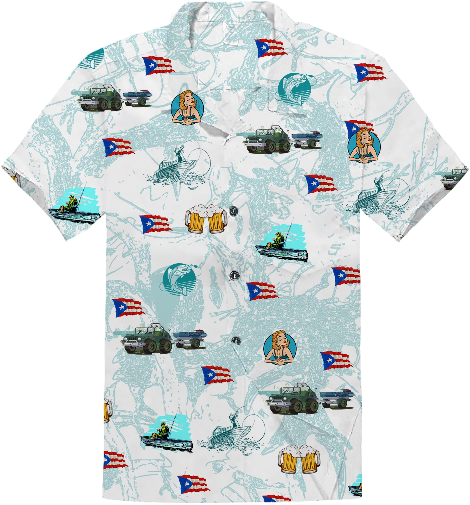 Camisa Hawaiana Tropical Jeep, Barco de Pesca y Cerveza - Estilo de Paraíso